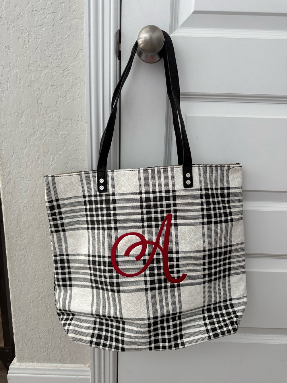 thirty-one Black & White Plaid Tote with Red “A” Monogram
